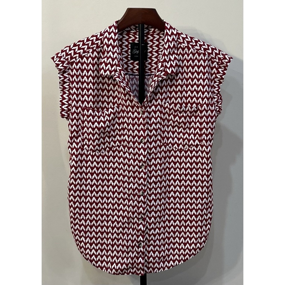 JACHS GIRLFRIEND Women's Blouse Short Sleeve Red Pockets Button Up Small